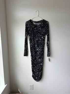 INC International Concepts Black & White Long Sleeve Sheer Ruched Midi Dress